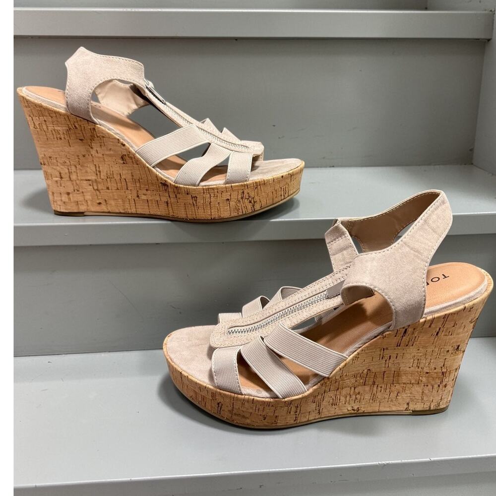 Torrid 10WW Wide Width Sexy Tan Zip‎ Front Stretch 4" Heel Open Toe Wedge Heel
